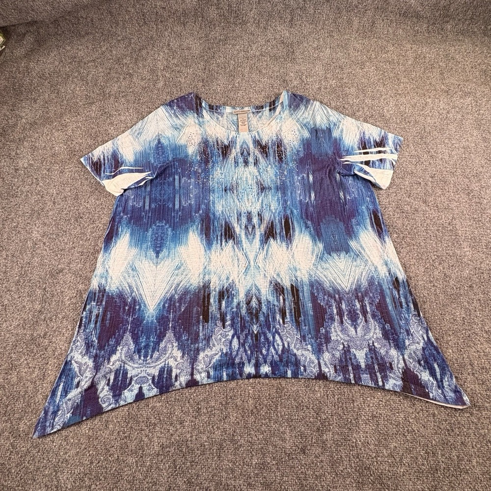 Catherines Tunic Top Women's 1X Blue Rhinestone Sharkbite Boho Whimsigoth Fairy